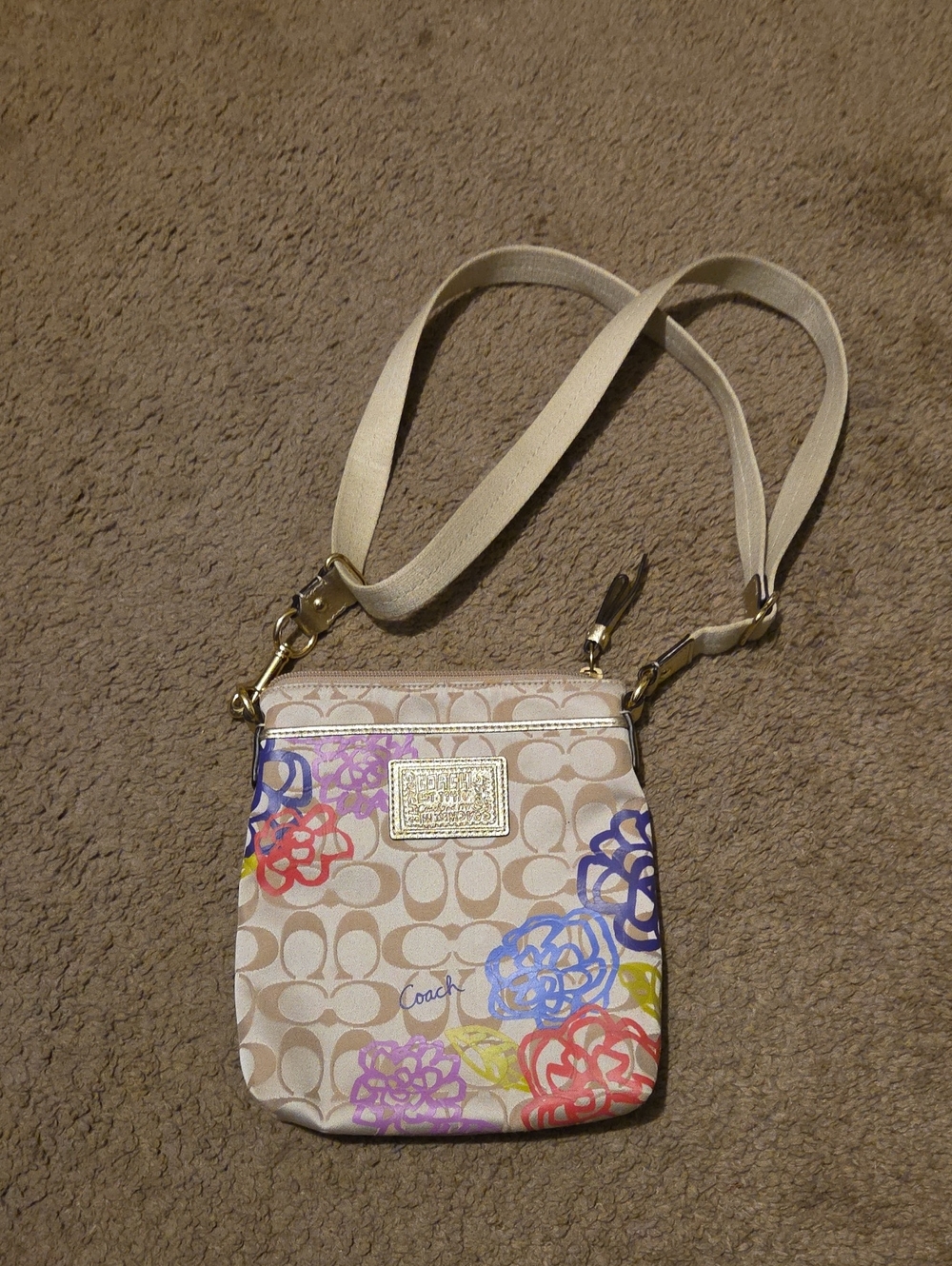 Coach Beige Signature Crossbody with Multicolor Floral Print